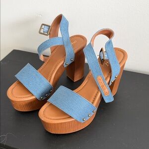 Blue and Tan Platform Sandals